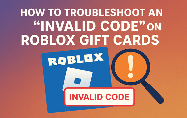 Illustration showing a Roblox gift card with a magnifying glass and a warning symbol highlighting how to fix or troubleshoot an Invalid Code error on Roblox gift cards