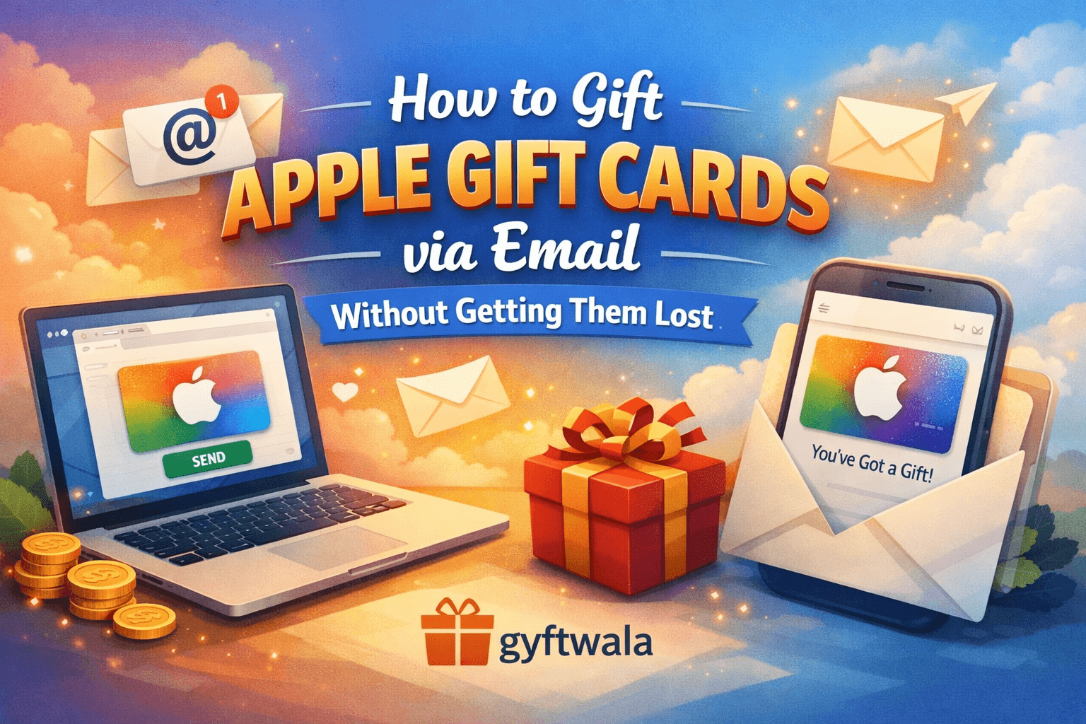 An Apple gift card sent via email with a laptop and envelopes illustration