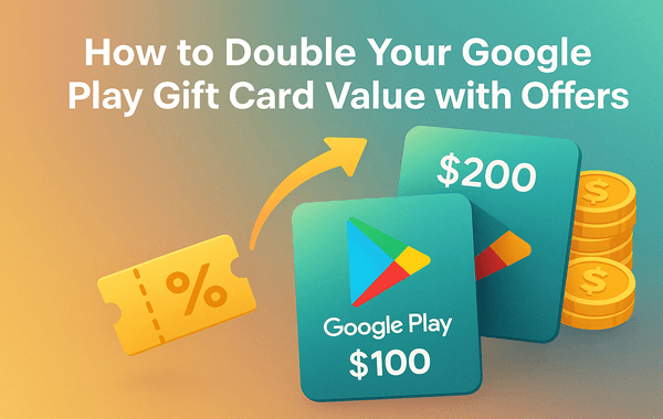 Illustration showing Google Play gift cards and coins with an arrow symbolizing doubling value through special offers