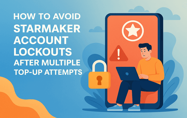 Illustration of a worried person using a laptop in front of a large phone screen showing a warning symbol with a padlock icon nearby alongside the text