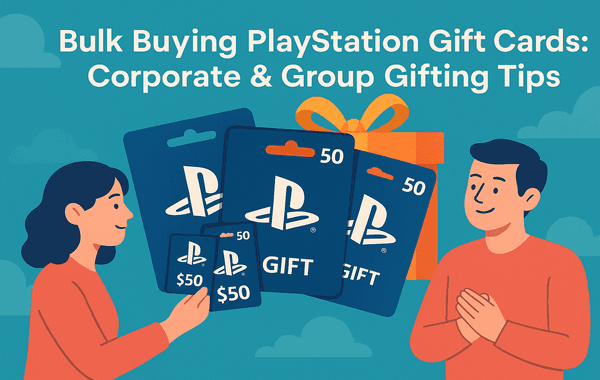 Illustration of three people exchanging PlayStation gift cards and presents with text about bulk buying PlayStation gift cards for corporate and group gifting tips