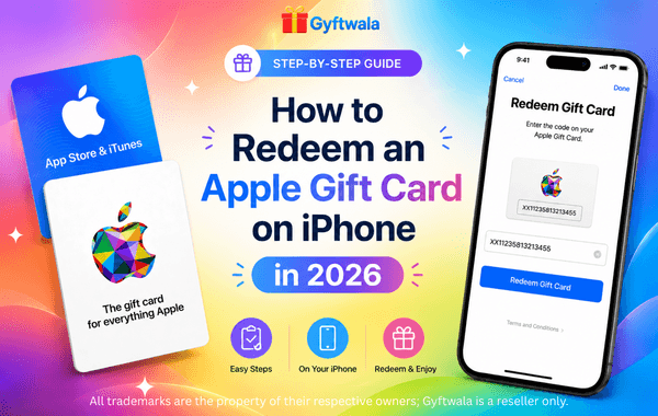 Apple Gift Card redemption guide on iPhone 2026 with App Store gift card and smartphone screen.