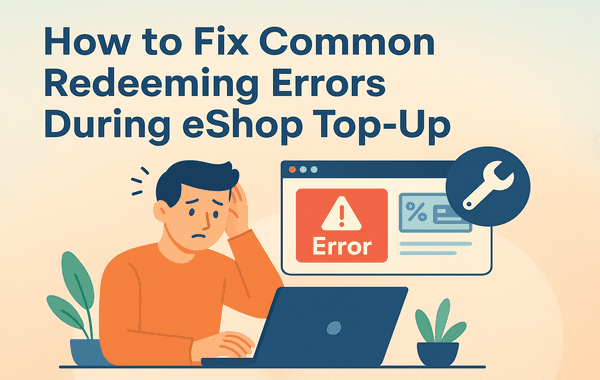 Person facing an error message on a laptop while trying to redeem an eShop top up