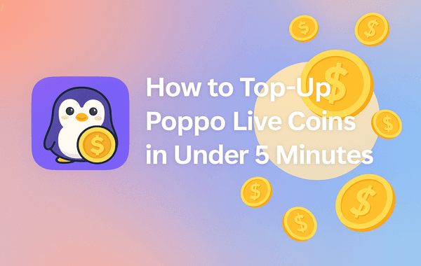 Poppo Live top up guide with penguin app icon and gold coins