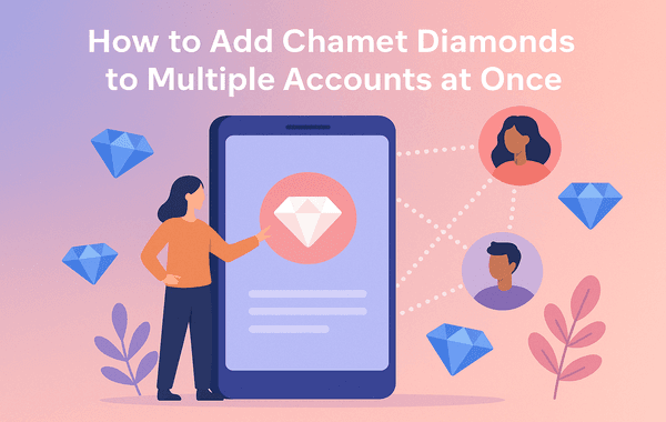 Illustration of a person adding Chamet Diamonds to multiple accounts through a mobile app symbolizing top up distribution