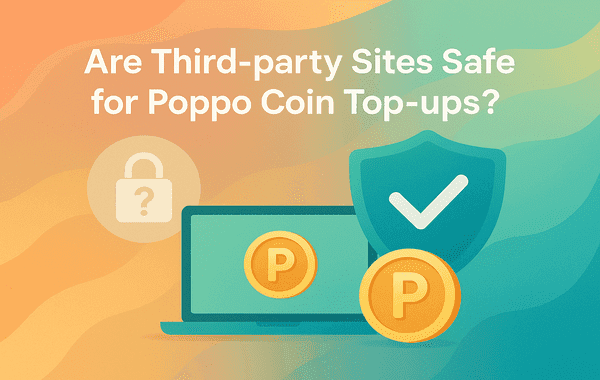 concerned while researching Poppo Coin Top ups on her laptop with warning symbols and coin icons indicating third party site safety risks