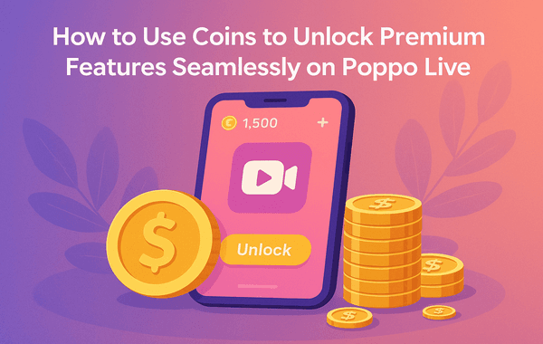 Illustration of a smartphone screen showing Poppo Live app with coins and unlock button alongside text How to Use Coins to Unlock Premium Features Seamlessly on Poppo Live