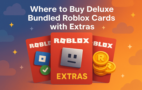 Illustration of Roblox gift cards labeled Extras with virtual coins and icons promoting where to buy deluxe bundled Roblox cards with added bonuses
