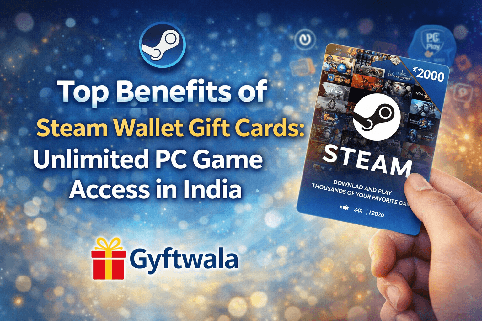 Steam gift card India showing Steam wallet top up for unlimited PC game access and digital gaming purchases
