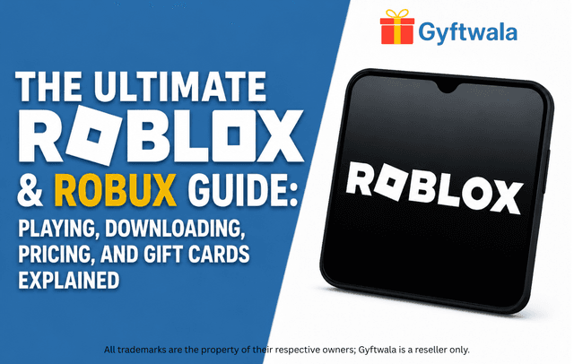 Roblox and Robux guide banner with Roblox logo on a phone and blue background.