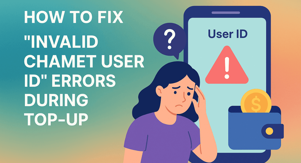 How to fix Invalid Chamet User ID errors during top up illustrated with a confused woman warning icon and mobile screen showing a user ID alert