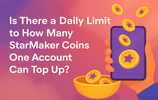Illustration of a hand holding a smartphone with golden StarMaker coins flowing into a bowl alongside text asking if theres a daily limit on StarMaker coin top ups