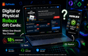 Choose between digital and physical Robux gift cards on a premium gaming desk.