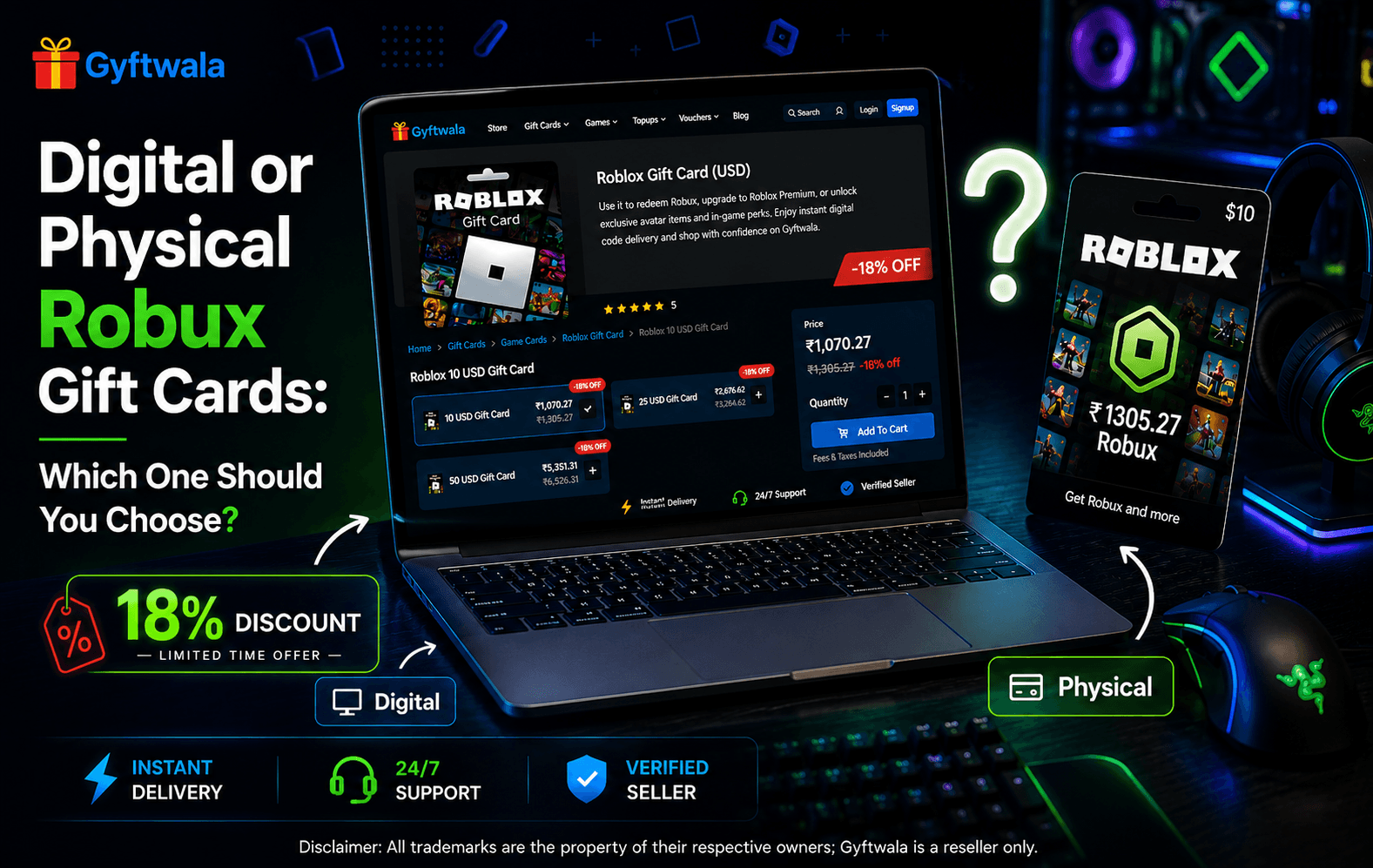 Choose between digital and physical Robux gift cards on a premium gaming desk.