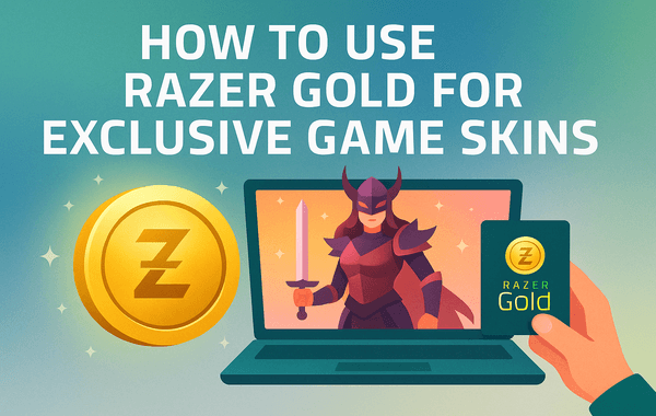 Graphic showing how to use Razer Gold for exclusive game skins featuring a Razer Gold coin a green armoured vest and a purple sword on a green background