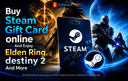Steam Gift Card with Elden Ring and Destiny 2 artwork on gaming-themed banner