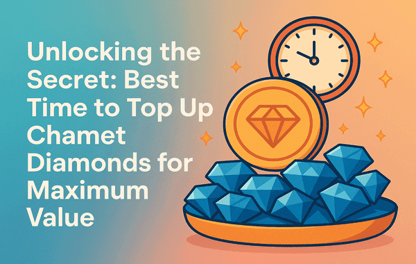 Illustration of a bowl filled with blue Chamet Diamonds a gold coin with a diamond icon and a clock in the background alongside text that reads