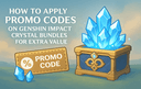 Promo code tag next to a chest filled with blue Genshin Impact crystals