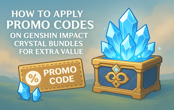 Promo code tag next to a chest filled with blue Genshin Impact crystals
