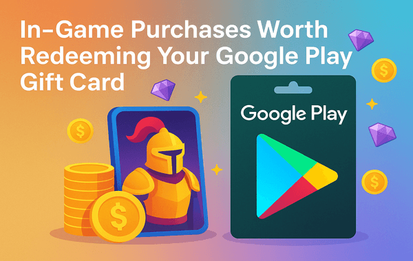 Google Play gift card with in game items like coins gems and a knight