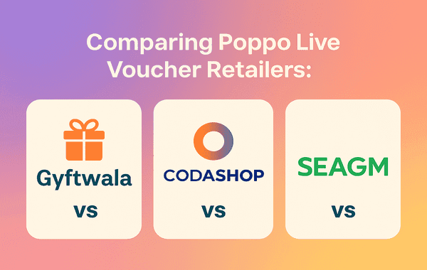 Comparing Poppo Live voucher retailers Gyftwala vs Codashop vs SEAGM with brand logos on a colorful gradient background