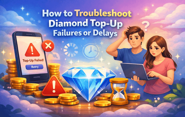 Illustration showing how to troubleshoot diamond top up failures or delays with error alerts coins a diamond and worried users