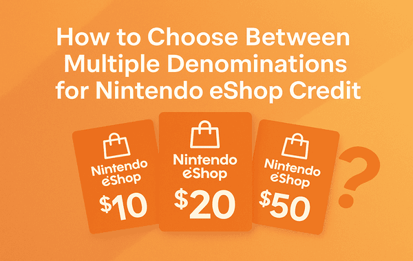 Illustration showing Nintendo eShop gift cards in 10 20 and 50 denominations with a question mark and text about choosing between multiple eShop credit amounts