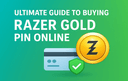 Illustration of a Razer Gold coin beside a credit card and security shield representing a guide to safely buying Razer Gold PINs online