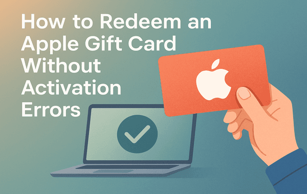 Apple gift cards with a phone and checkmark showing successful redemption.