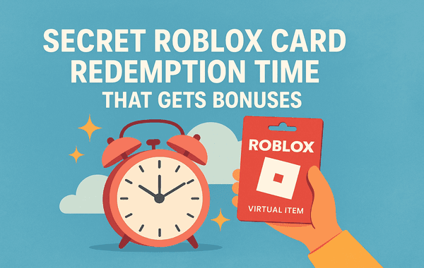 Illustration of a hand holding a Roblox virtual item card beside a clock with text about the best Roblox card redemption time to earn bonuses