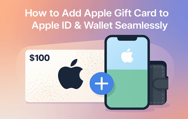 Illustration showing a 100 Apple Gift Card next to an iPhone and a digital wallet icon with a plus symbol indicating adding the gift card to Apple ID or Apple Walle