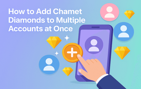 Phone screen with user icons and diamonds showing adding Chamet diamonds to multiple accounts