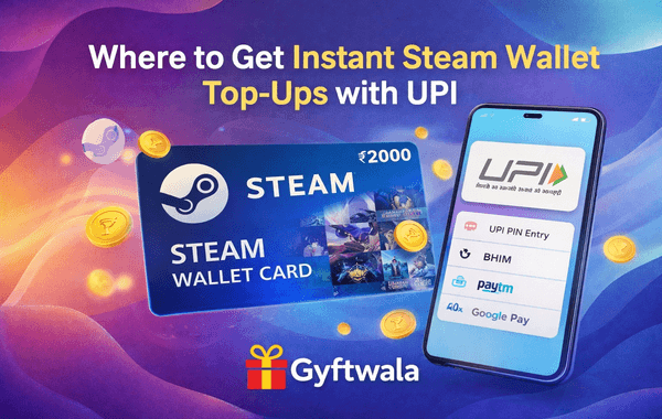 Instant Steam Wallet Top Ups with UPI payment showing gamers buying Steam wallet credits online for PC games