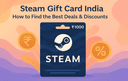 Illustration of a 1000 Steam gift card surrounded by coin and discount symbols representing how to find the best deals and discounts on Steam gift cards in India