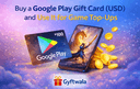 Google Play Gift Card USD is being used for mobile game top ups showing the in game purchase and wallet redemption screen