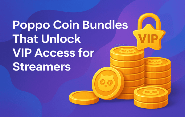 Illustration of Poppo coins stacked beside a VIP star badge representing bundles that unlock special VIP access for streamers
