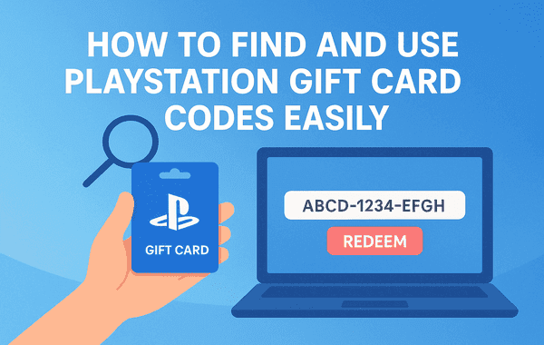 Illustration showing a hand holding a PlayStation gift card and a laptop screen with a redeem code symbolizing how to find and use PlayStation gift card codes easily
