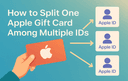 Illustration showing a hand holding an Apple gift card with arrows pointing to multiple Apple ID icons representing how to split one Apple gift card among several accounts