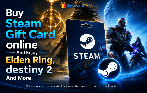 Steam Gift Card with Elden Ring and Destiny 2 artwork on gaming-themed banner