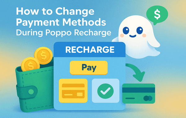 Poppo recharge screen with wallet coins and a ghost character showing payment method change