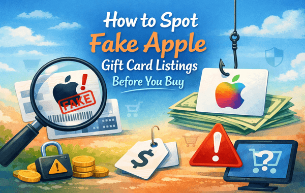 Fake Apple Gift Card listing warning with scam detection tips