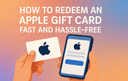Illustration of a hand holding an Apple gift card next to a phone showing the Apple redeem screen with the title How to Redeem an Apple Gift Card