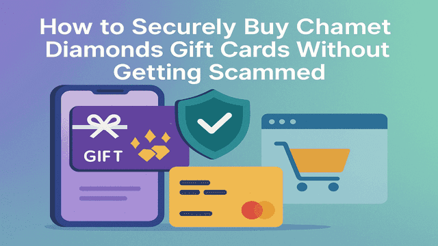 Secure online purchase concept with Chamet Diamonds gift card credit card shopping cart icon and shield for scam protection
