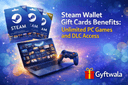 Steam Wallet Gift Card used for purchasing PC games and DLC showing gaming library digital wallet balance and instant access to premium content