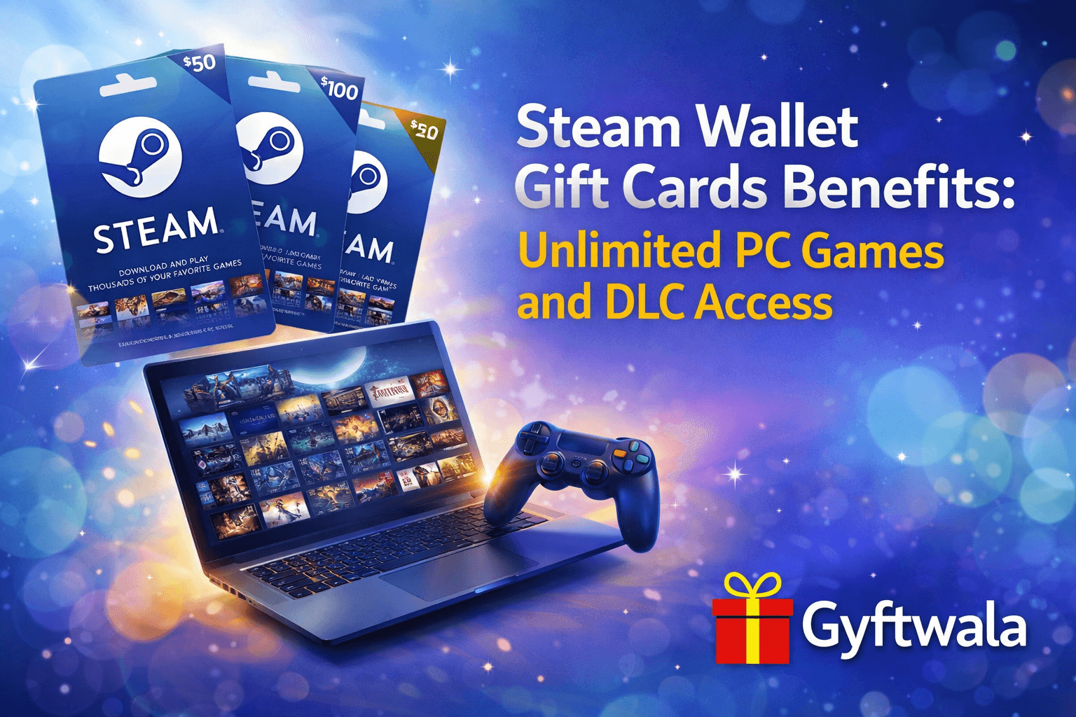 Steam Wallet Gift Card used for purchasing PC games and DLC showing gaming library digital wallet balance and instant access to premium content