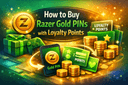 Guide showing how to buy Razer Gold PINs with loyalty points and redeem digital gaming vouchers