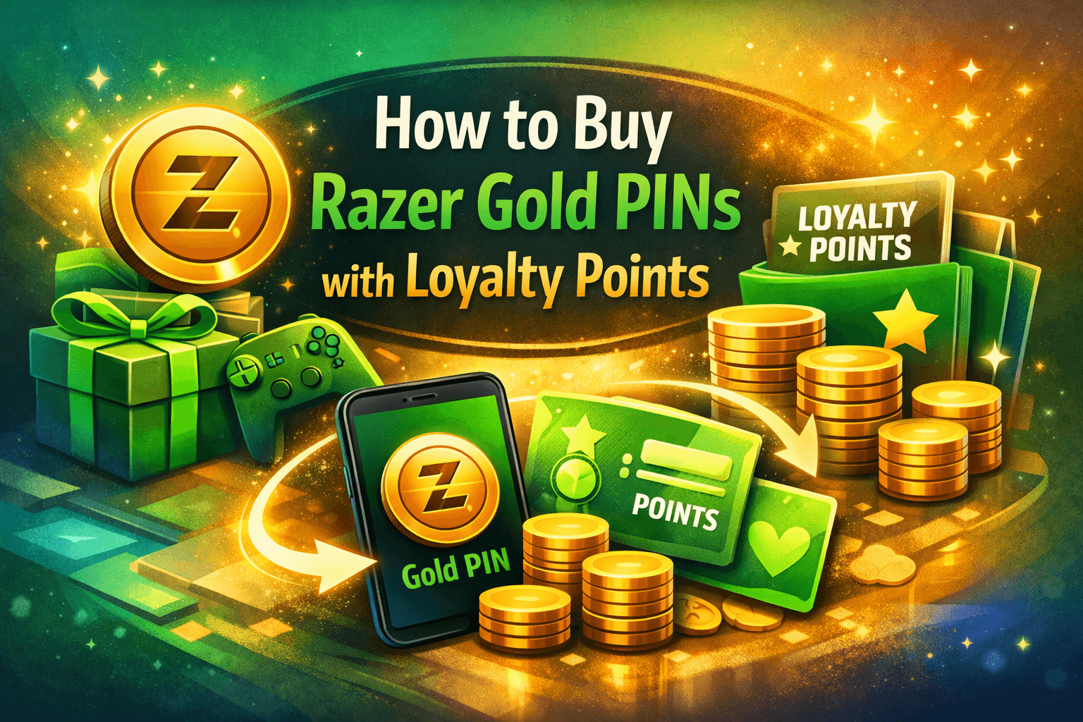 Guide showing how to buy Razer Gold PINs with loyalty points and redeem digital gaming vouchers