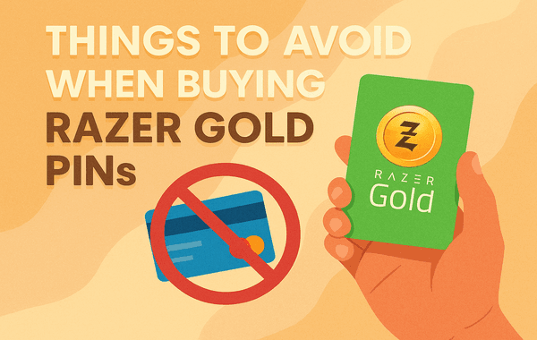 Hand holding a Razer Gold card with a crossed-out credit card symbol and text about avoiding mistakes when buying Razer Gold PINs