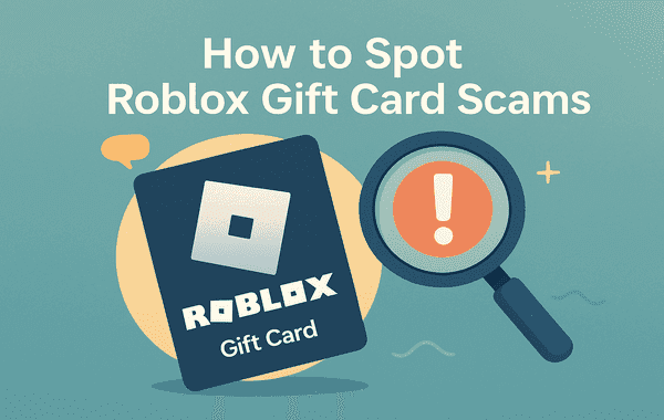 Magnifying glass inspecting a Roblox Gift Card with the warning How to Spot Roblox Gift Card Scams written above