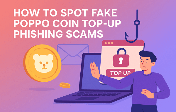 Illustration warning about fake Poppo Coin top up phishing scams showing a coin laptop with a phishing hook and a cautious person stopping the scam